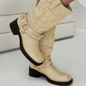 Allora Western Boots Beige Vegan Faux Suede Fabric Women’s Size 8